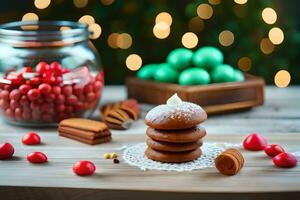 a stack of cookies and candy on a wooden table. AI-Generated photo