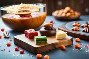 a wooden tray with various types of desserts. AI-Generated photo