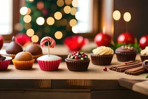 Navidad magdalenas en un mesa con Navidad decoraciones generado por ai foto