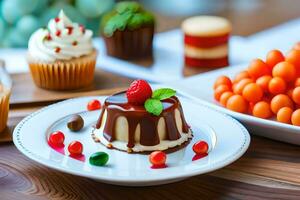 a dessert on a plate with other desserts. AI-Generated photo