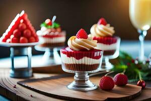 christmas dessert with strawberries and champagne on a wooden table. AI-Generated photo