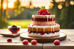 a cake with berries and cream on a wooden table. AI-Generated photo