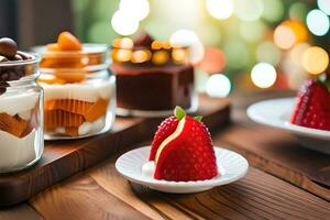 various desserts in glass jars on a wooden table. AI-Generated photo