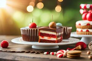 Navidad pasteles y magdalenas en un mesa. generado por ai foto