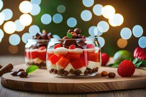 christmas dessert in glass jar with berries and chocolate. AI-Generated photo