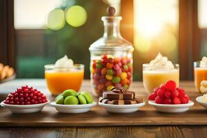 various fruits and desserts on a table. AI-Generated photo