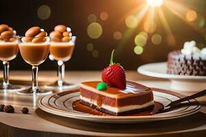 a dessert with strawberries and chocolate on a plate. AI-Generated photo