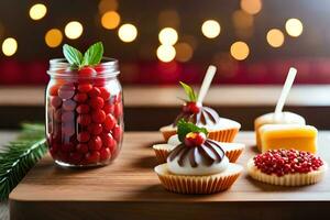 christmas dessert with berries and candies on a wooden table. AI-Generated photo