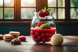 a glass jar filled with fruit and cookies. AI-Generated photo