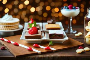 a table with desserts and a glass of wine. AI-Generated photo