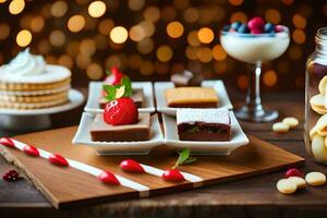 un mesa con postres y un vaso de vino. generado por ai foto