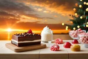 christmas dessert on a table with a sunset in the background. AI-Generated photo