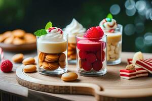 Tres postre tazas con diferente postres en un de madera mesa. generado por ai foto