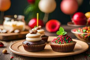 three cupcakes on a wooden plate with candles and decorations. AI-Generated photo