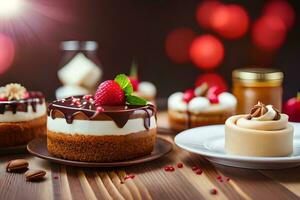 various cakes and desserts on a wooden table. AI-Generated photo