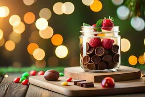 chocolate and berries in a jar on a wooden table with christmas lights. AI-Generated photo