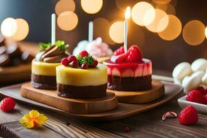 three desserts with candles on wooden trays. AI-Generated photo