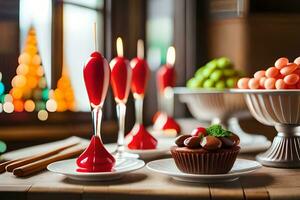 a table with red candles and cupcakes. AI-Generated photo