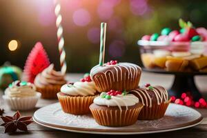 christmas cupcakes on a plate with christmas decorations. AI-Generated photo