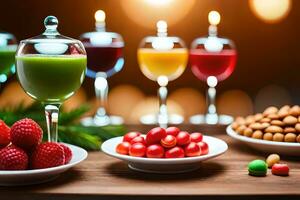 un mesa con diferente de colores bebidas y fruta. generado por ai foto
