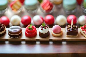 a row of different types of desserts on a wooden tray. AI-Generated photo