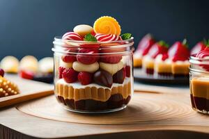 several jars filled with desserts on a table. AI-Generated photo