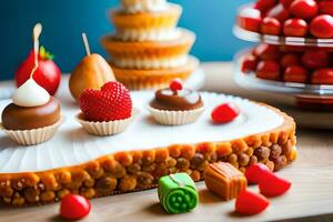 a cake with various types of sweets on top. AI-Generated photo