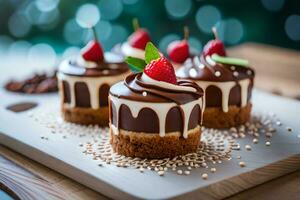 three mini cupcakes with chocolate frosting and raspberries. AI-Generated photo