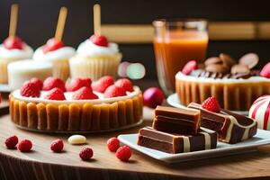 various desserts on a table with chocolate and raspberries. AI-Generated photo