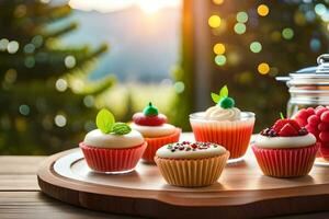 cupcakes on a wooden tray with berries and berries. AI-Generated photo