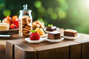 various types of sweets and desserts on a wooden table. AI-Generated photo