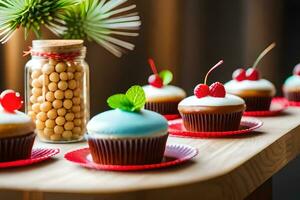 cupcakes on wooden table with berries and nuts. AI-Generated photo