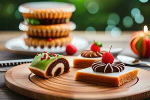 un plato con Tres diferente tipos de pasteles en él. generado por ai foto