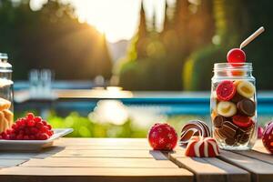 two jars of fruit and a bowl of ice cream on a table. AI-Generated photo