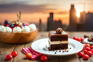 un pedazo de chocolate pastel en un plato con cerezas. generado por ai foto