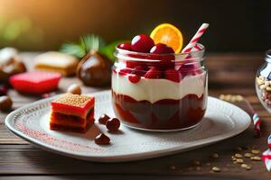 Navidad postre en un vaso tarro con cerezas y Fruta en un de madera mesa. generado por ai foto