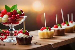 cupcakes with berries and mint on a wooden table. AI-Generated photo