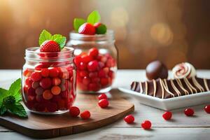 two jars with strawberries and chocolate on a wooden table. AI-Generated photo