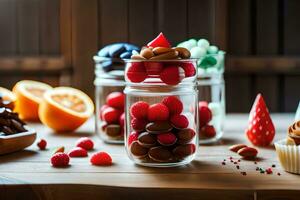 various candies and fruits in glass jars on a table. AI-Generated photo