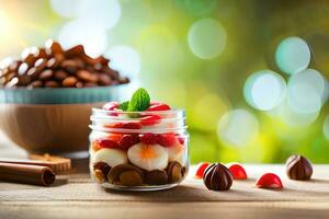 desserts in a jar on a wooden table with a bowl of nuts and berries. AI-Generated photo