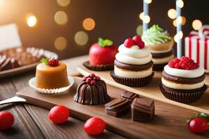 various types of chocolates and desserts on a wooden table. AI-Generated photo