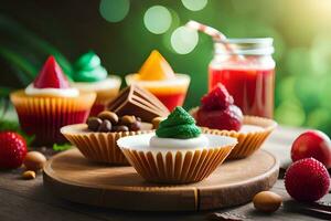 christmas cupcakes on wooden table with berries and juice. AI-Generated photo