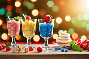 three glasses with different colored desserts on a table. AI-Generated photo