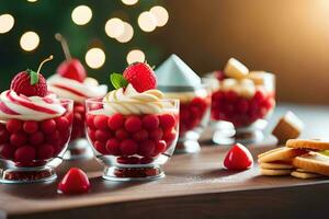 christmas dessert in glasses with berries and cookies. AI-Generated photo