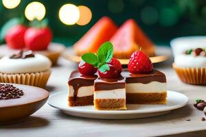 various desserts on a wooden table. AI-Generated photo