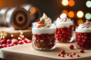 three dessert cups with whipped cream and cherries. AI-Generated photo