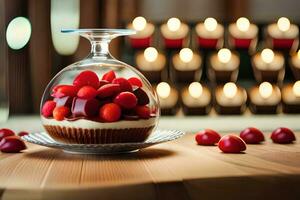 a dessert with cherries on top of a glass vase. AI-Generated photo
