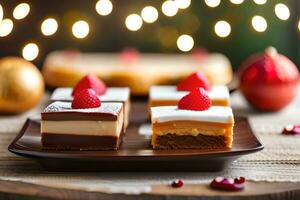 three desserts on a plate with christmas lights. AI-Generated photo