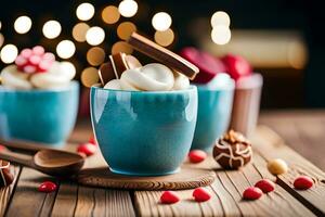 three cups of hot chocolate with marshmallows and chocolate. AI-Generated photo