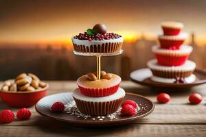 three cupcakes on a wooden table with a view of the city. AI-Generated photo